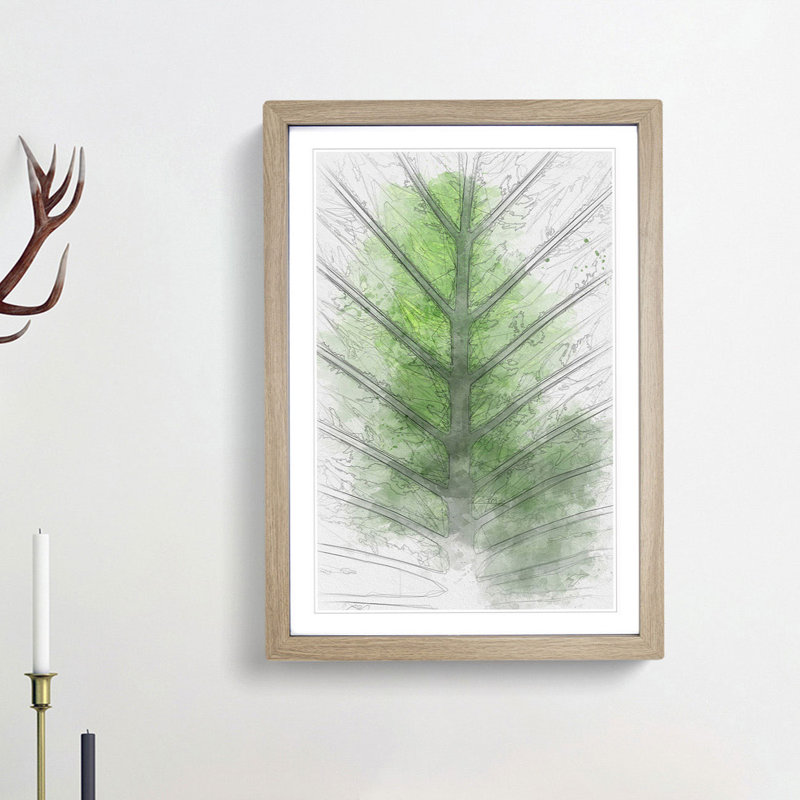 Green Leaf Lines in Abstract - Picture Frame Graphic Art Print on MDF, 87cm H x 62cm W x 2cm D, Oak Framed
