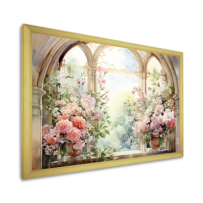 «Pink Blossoming Country Window Gaze V», reproduction d'art sur toile, Cadre doré à coins fermés, H 24 po x l 32 po x P 1 po