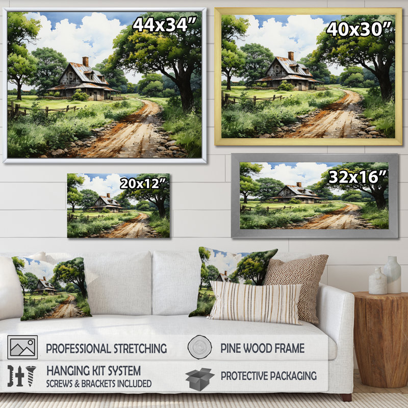 Farmhouse Natures Embrace Pointillism - impression, Cadre photo blanc, H 12 po x l 20 po x P 1 po