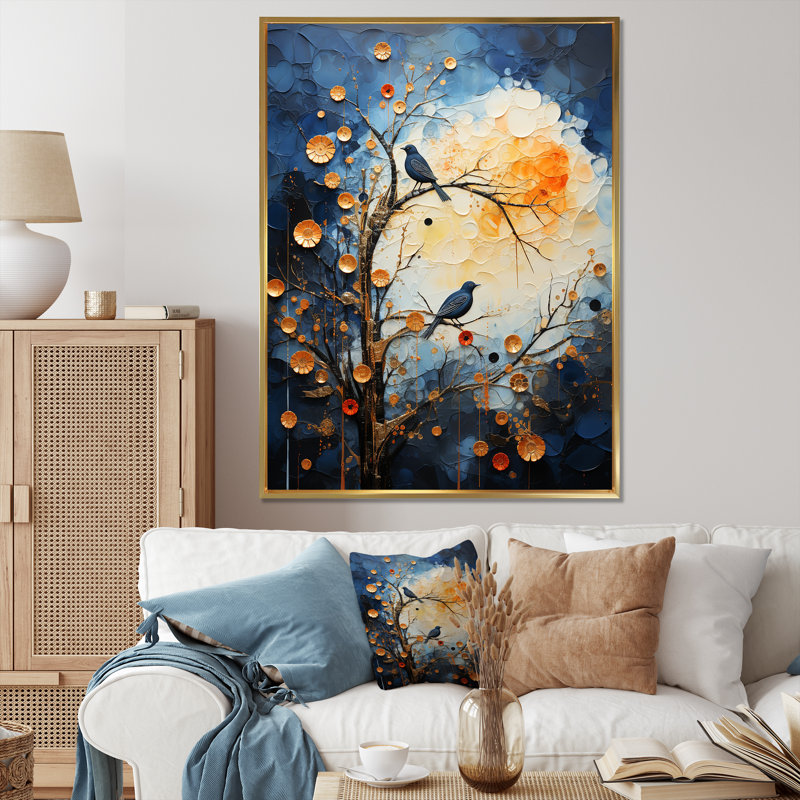 «Springtime Blue Bird Singing Blooms III», art mural oiseau, Cadre flottant doré, H 44 po x l 34 po x P 1,5 po