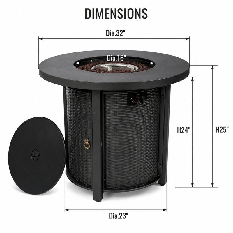 Table de foyer d'extérieur au propane avec couvercle en acier réglable avec pierres et 50000 BTU