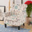 Fauteuil d'appoint décoratif, accoudoirs roulés classiques, tissu floral blanc et bleu