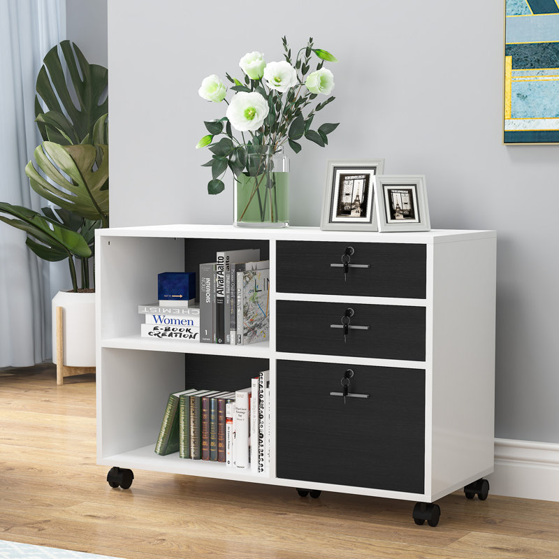 Alday 35"W 3-Tiers Storage File Cabinet with locking Drawers & Casters, White / Black