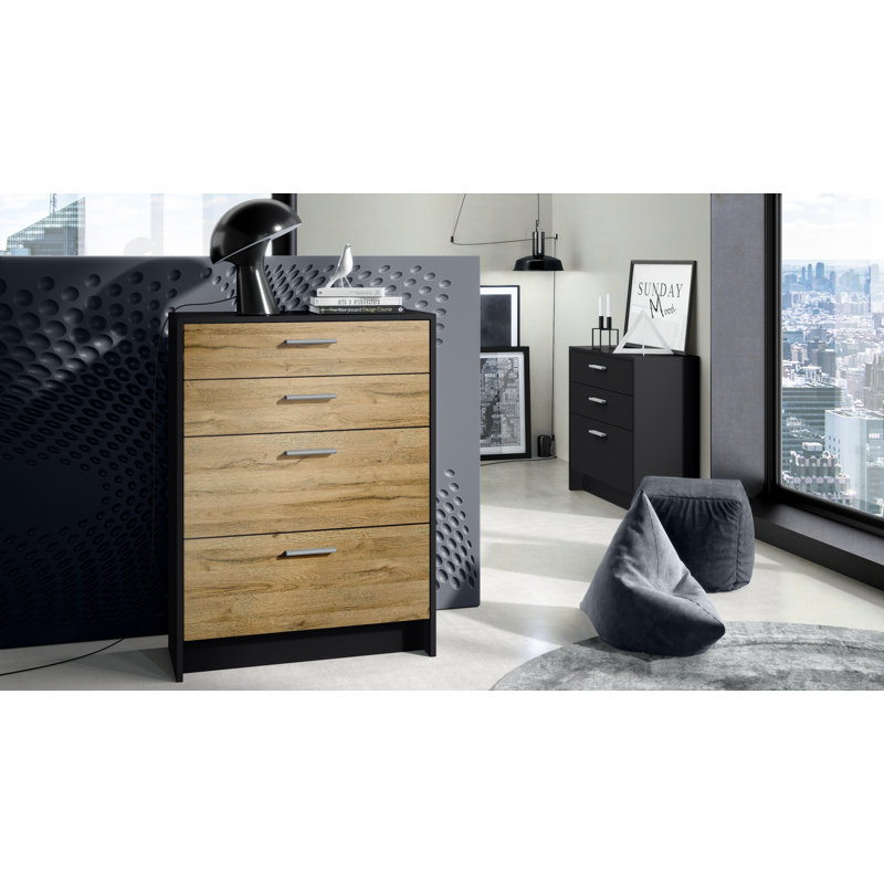 Mclawhorn 4 Drawer 76Cm W Chest Of Drawers, Black/Natural Oak