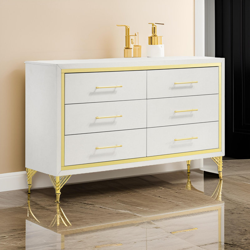 Commode Jenny, 6 tiroirs, pieds dorés en épingle à cheveux, poignées de bar, blanc