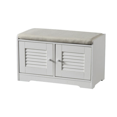 Modern Louvered Shoe Storage Bench With Cushion, Compact 4-Compartment Organizer, Adjustable Interior Shelves, Durable White Shoe Cabinet For Entryway, Bedroom, Or Small Spaces