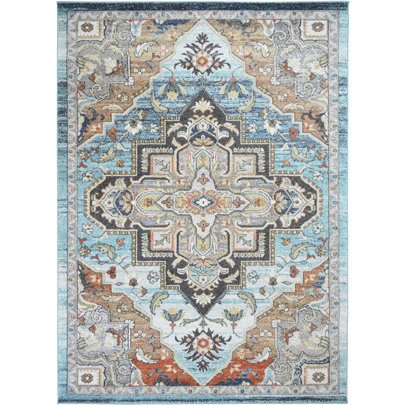 Tapis oriental bleu en polypropylène tissé à la machine Cherrel, Rectangle 7 pi 10 po x 9 pi 10 po