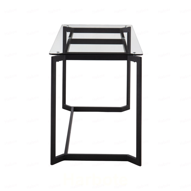 Bureau moderne en acier noir avec plateau en verre transparent