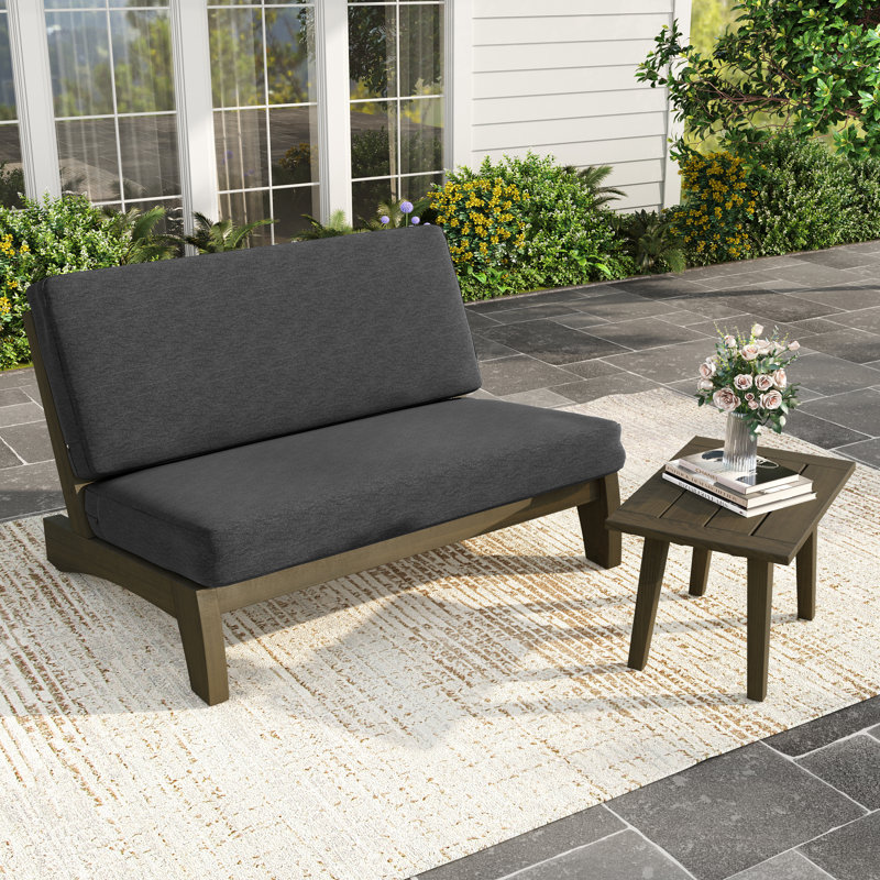 Bratches Outdoor Conversation Set Solid Wood Group With Loveseat And Side Table, Brown, Dark Gray