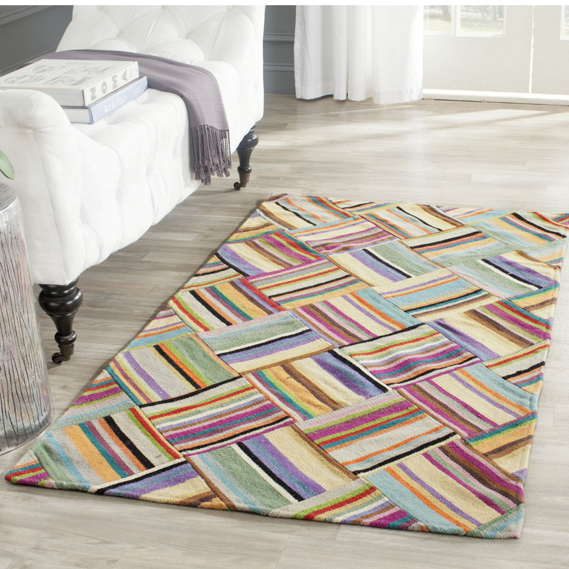 Tapis rose / bleu / vert en laine tissé à la main Straw Patch, Rectangle 4 pi x 6 pi