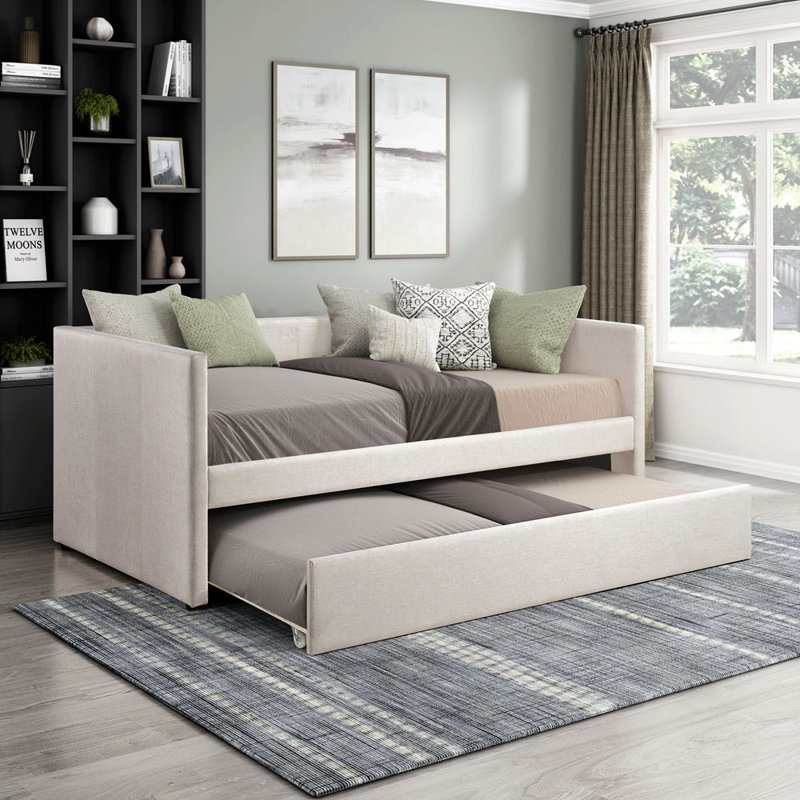 1pc Daybed with Trundle Fabric Upholstery Wooden Frame Modern Home Furniture, Beige