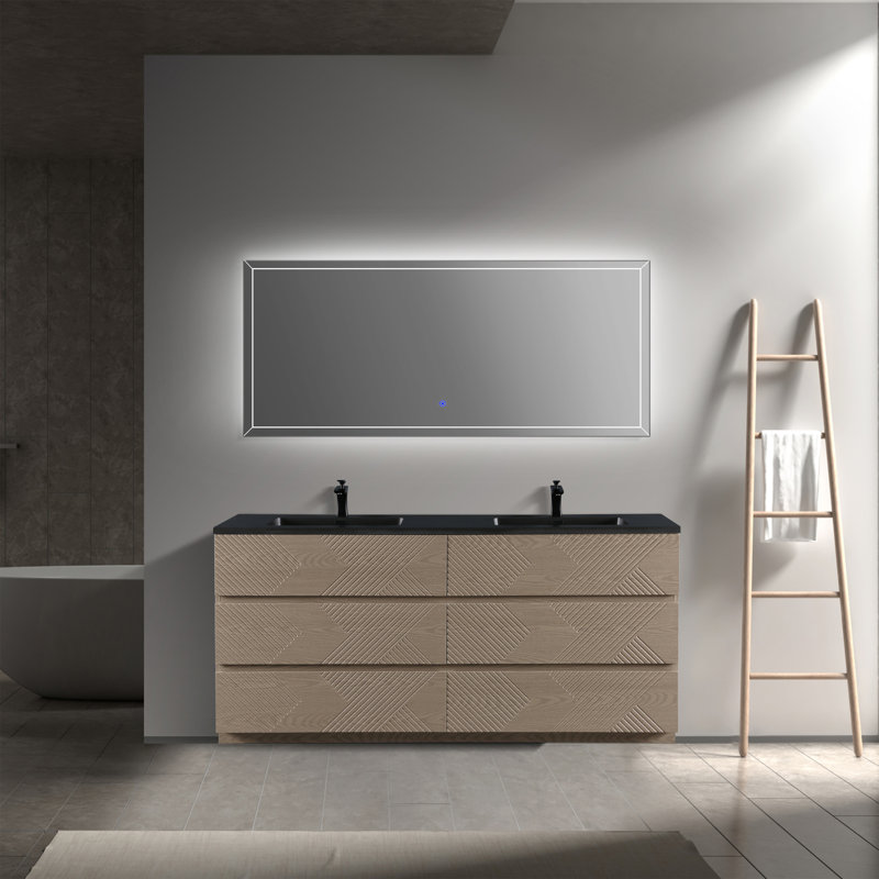Ilic 60 po L x 21 po P 6 tiroirs Meuble-lavabo autoportant avec évier double et Comptoir en Quartz noir d'ingénierie, 71"