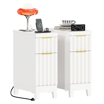 7.9’‘ W 2-Drawer Bedside Tables Set, Modern Nightstands with Charging & Gold Handles