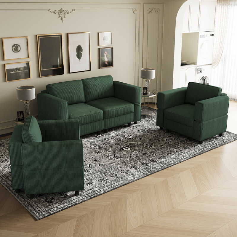 Ensemble de salon modulaire rembourré Elda, Velours côtelé vert