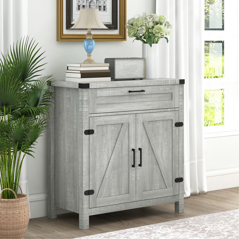 Buffet buffet avec tiroir de rangement, armoire de cuisine de ferme moderne avec 2 portes de grange, armoire à café, gris