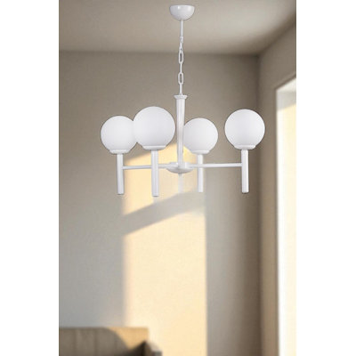 Elegant Metal Chandelier with Glass Cap, Adjustable Height 29.5 in | Base Plate Ø4.7 in | 4 x E27 Max 40W Socket (Bulb Not Included) | Modern White Design for Dining Room, Living Room & Entryway, IP20 Rated