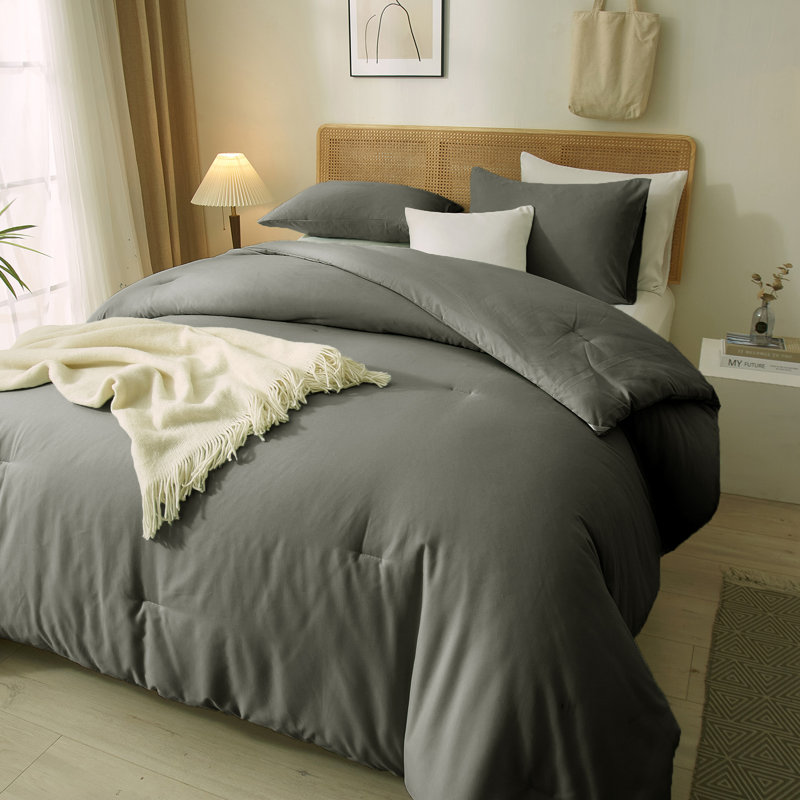 3-Piece 90g Lightweight All-season Microfiber Comforter Set, Full Comforter + 2 Standard Shams, Dark Gray