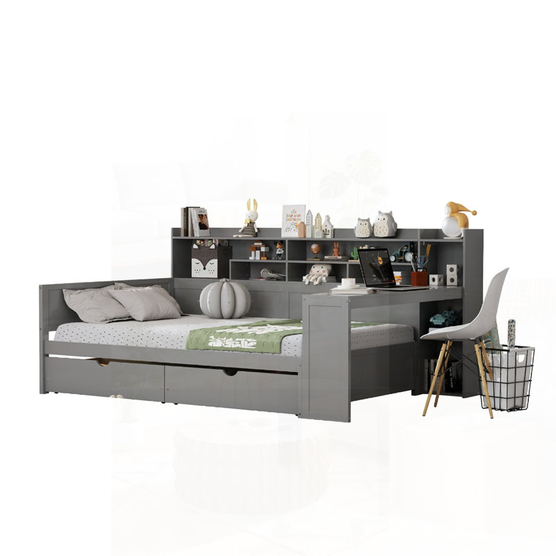 Wooden Full Size Daybed with Storage Shelves, Multi-functional Bed with Two Drawers and Study Desk, Full/Double