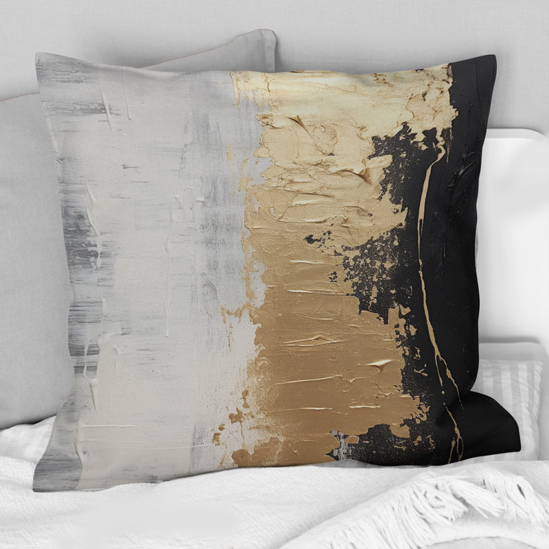 Essentiel, nature, alchimie, abstrait doré noir II - Coussin décoratif avec peinture abstraite, 16" x 16"