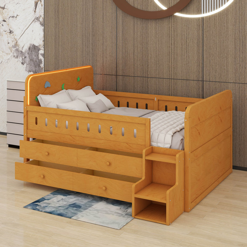 Lit double avec DEL, tiroirs de rangement, Bois
