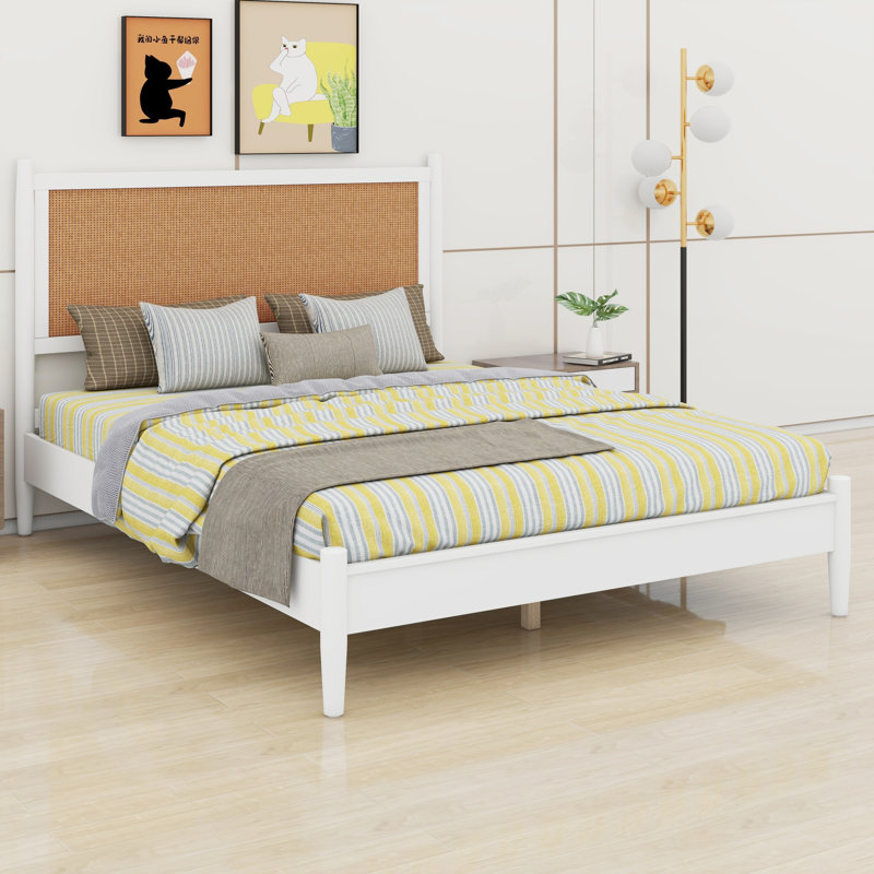 Cadre de lit plateforme avec tête de lit tressée, support renforcé et style bohème côtier, Grand lit, White