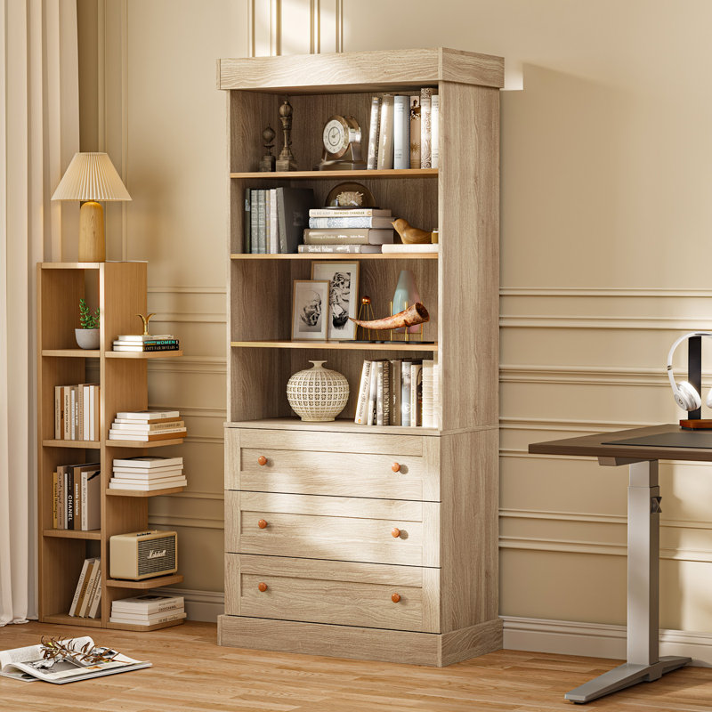Devarn DIY Style Storage Bookcase&Glass Doors and Four Layers Of Adjustable Bookshelves and 3 Drawers