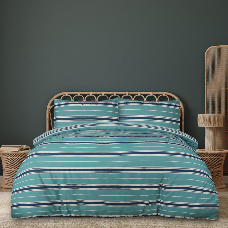 Cotton Blend Bedding, Single Duvet Cover + 1 Pillowcase, Teal Striped