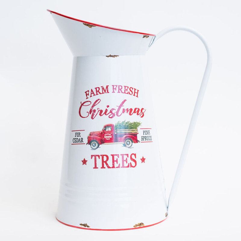Farm Fresh Christmas Trees Pick Up With Trees On A Metal Pitcher