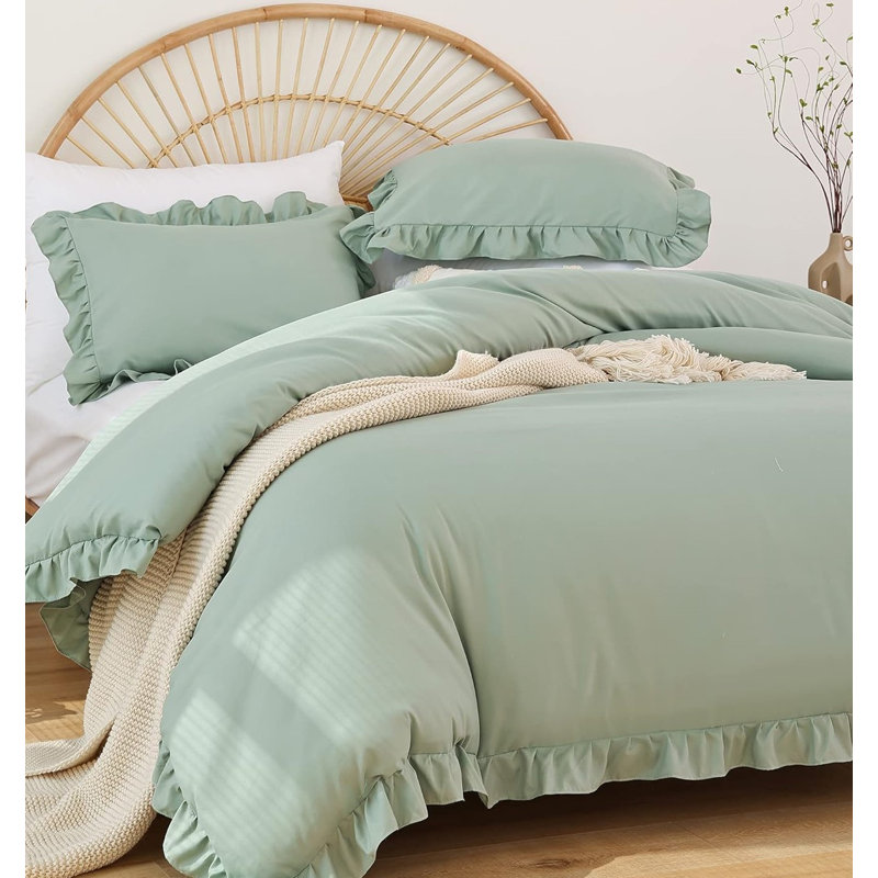 The Set Ruffle Comforter with 1 Pillowcase Soft Twin Size, Sage Green, Twin Comforter + 2 Pillowcases