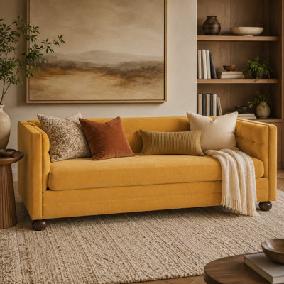 Gatton 77.2" Modern 3-Seater Sofa, Chenille Upholstered Couch with Square Arms & Camel Back Channel Stitching, Rubber Wood Ball Legs, Single Seat Cushion with Pocket Springs