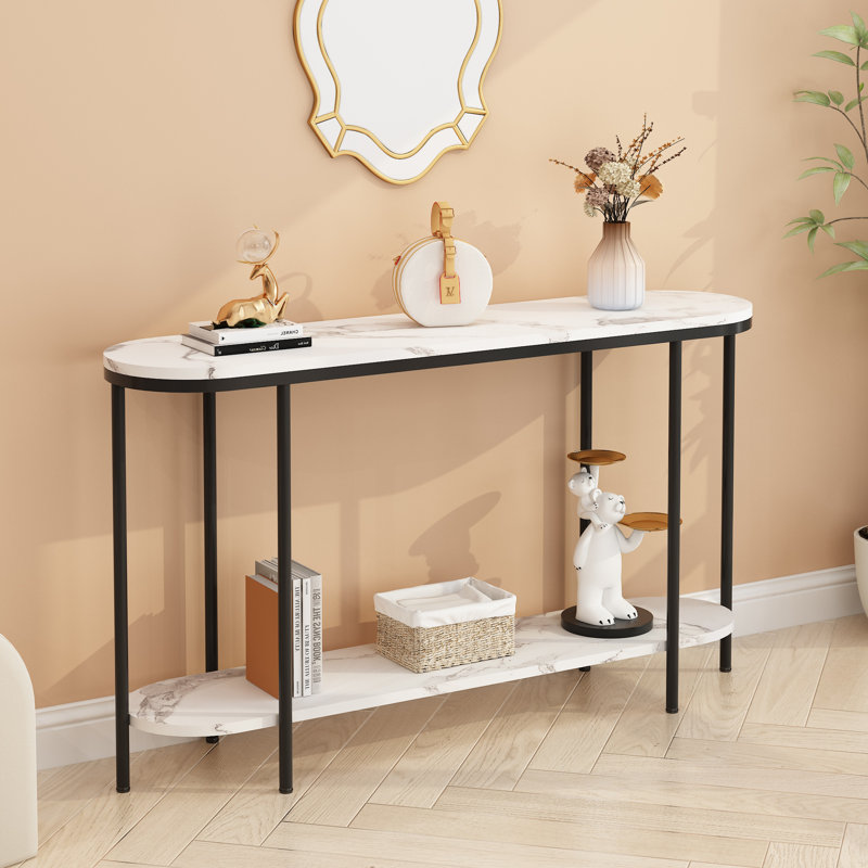 42" 2-Tier Faux Marble Console Table, Narrow Entryway Sofa Table with Metal Frame for Small Spaces, Black