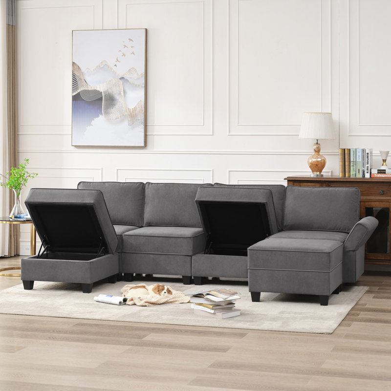 Canapé modulaire rembourré 7 pièces Zellar, Velours gris