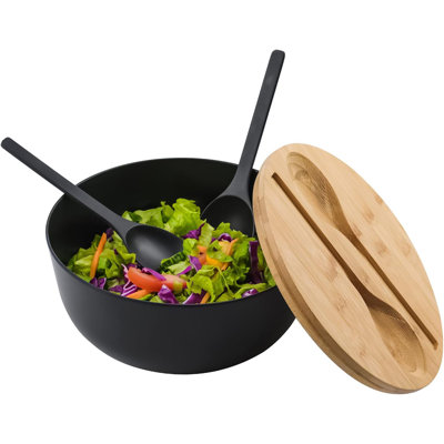 Natural Bamboo Fiber Salad Bowl Set with Bamboo Lid & Serving Utensils, 3.7 Qt Large Mixing Bowl for Kitchen Dining
