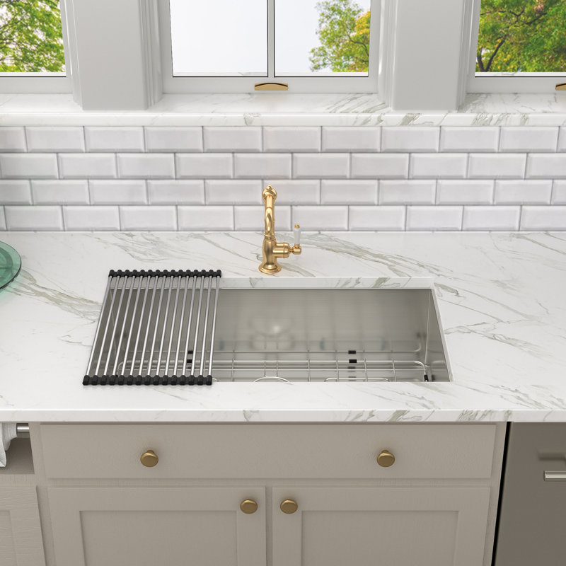 32" L x 19" W Undermount Stainless Steel Single Bowl Kitchen Sink with Sink Grid, Strainer and Roll-up Rack