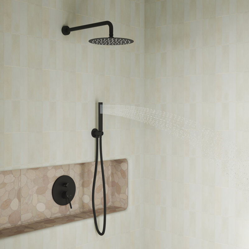 Pressure-Balanced Complete Shower System with 10-Inch Rain Shower Head, Handheld, Rough-in Valve, Matte Black