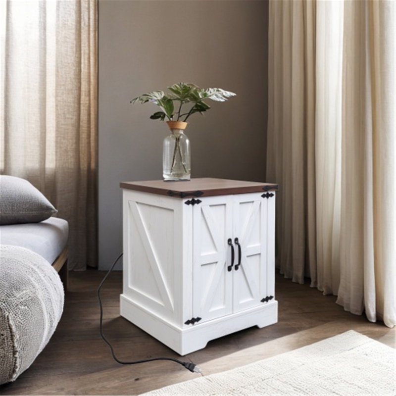 Versatile Farmhouse End Table with Charging and Storage Options, White/Deep Walnut