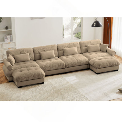 U Shaped Sectional Sofa Cloud Couch With Movable Ottomans,Convertible Deep 4 Seater Modern Velvet Comfy Upholstered Corner Couch With Blostered Armrests, Waist Pillow And Throw Pillows