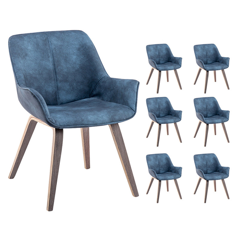 Chaise avec accoudoirs rembourrée Abubaker, Bleu, 6, Chêne argenté