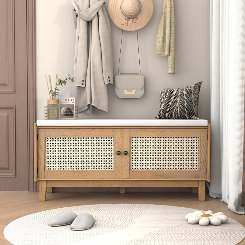 Banc de rangement en rotin avec rangement Boho, Brown+Beige