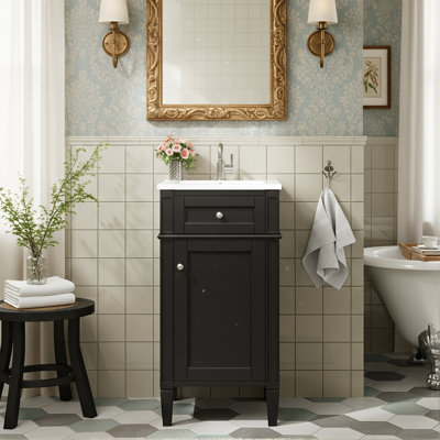 Meuble-lavabo autoportant de 16 po avec lavabo en céramique, meuble-lavabo simple de style français avec porte à fermeture douce et pieds en bois massif