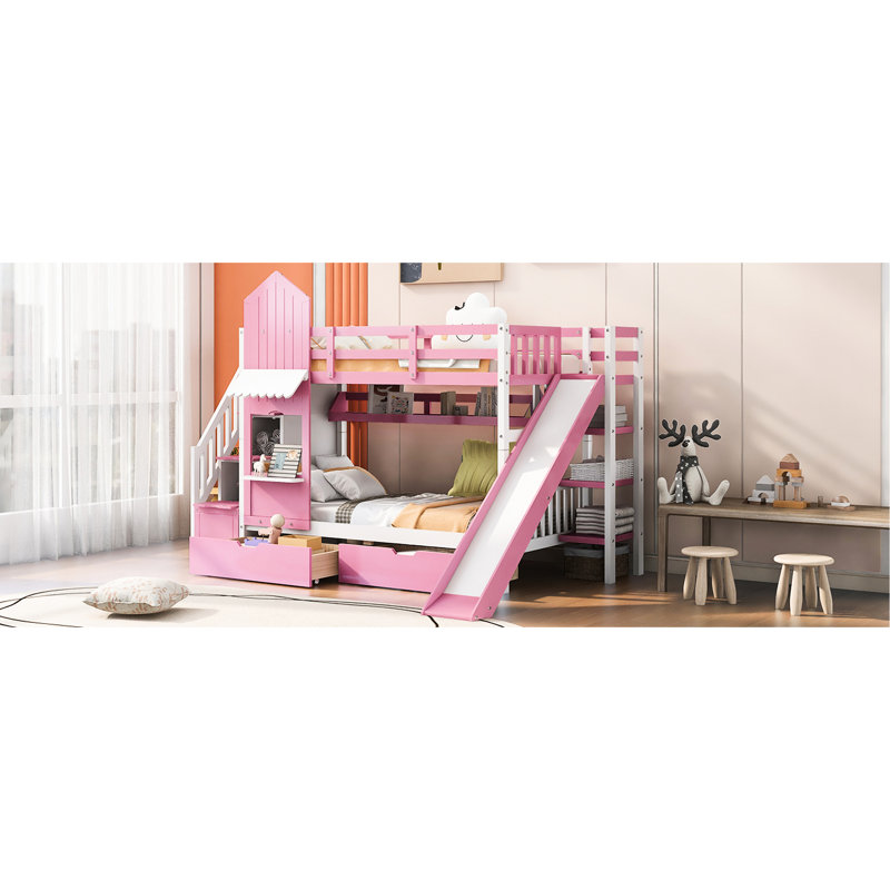 Lit superposé Twintwin rose avec 2 tiroirs, 3 tablettes et glissière - Construction, convient au développement émotif, Rose