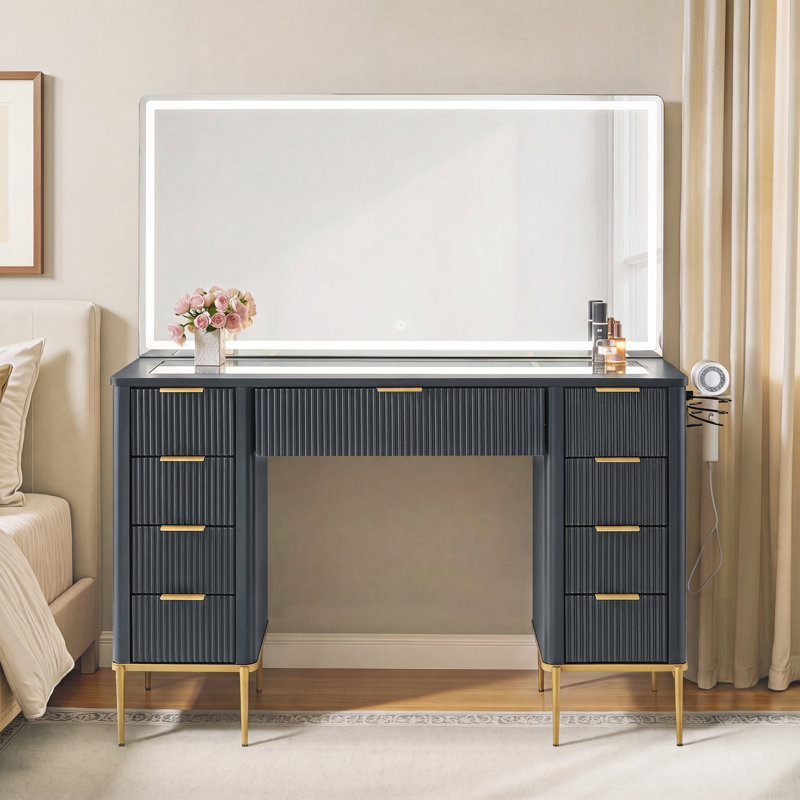 48" Modern Makeup Vanity Desk With Mirror And Lights, Makeup Vanity With 9 Drawers With Power Outlet,adjustable Lighting Dressing Table For Bedroom