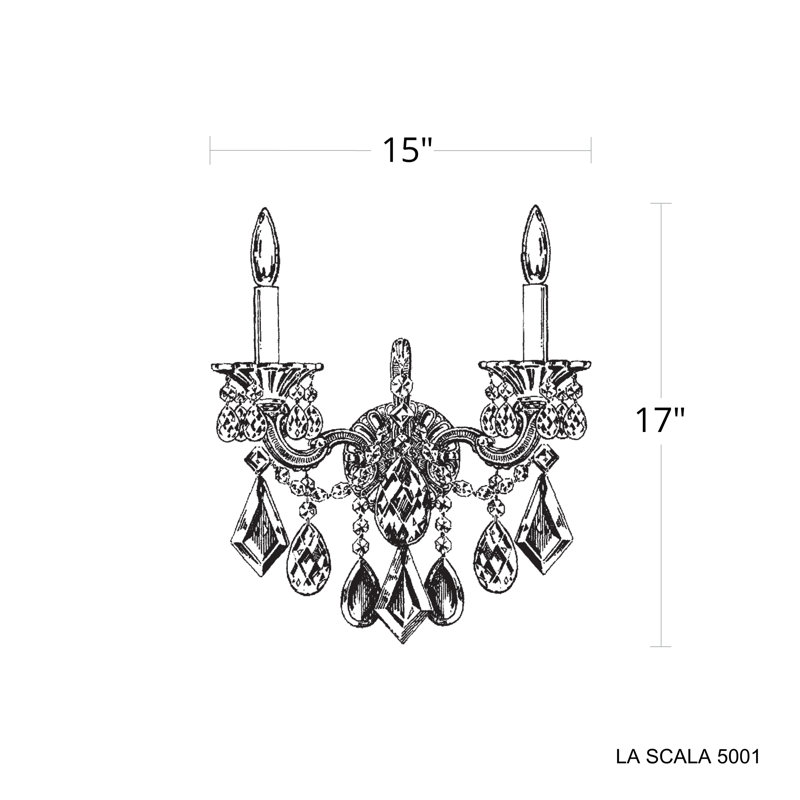 La Scala 2 Light 15in x 17in Wall Sconce with Round Backplate in Florentine Bronze with Clear Swarovski Crystals, Czech