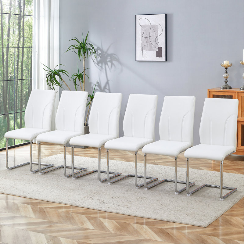 Austwell Modern Parsons Upholstered Faux Leather Cantilever Dining Chairs (Set of 6), 6, White