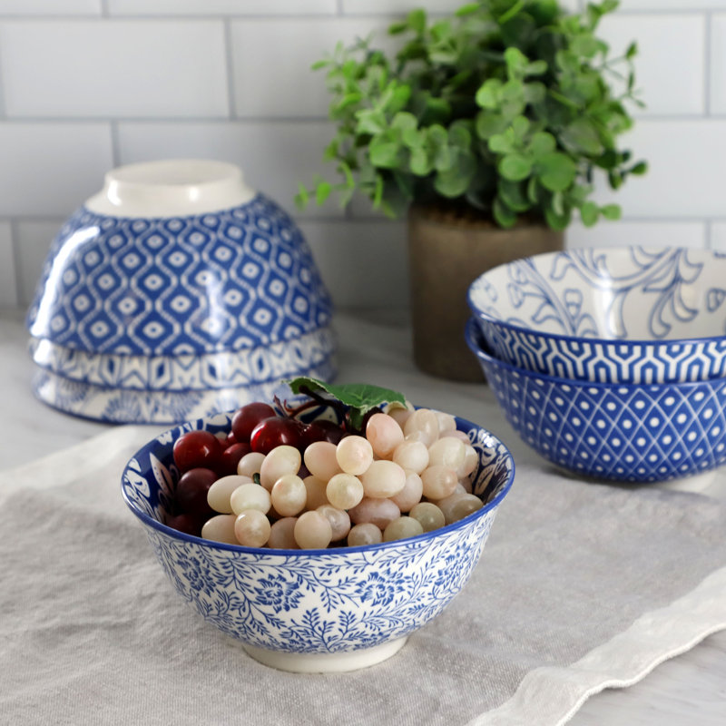  Sublime 6 Piece Assorted Design 20oz Porcelain Footed Bowl Set in Blue