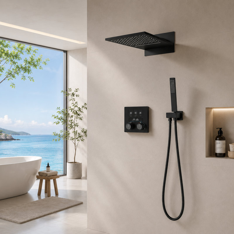 Douche thermostatique à trois poignées à débit réglable