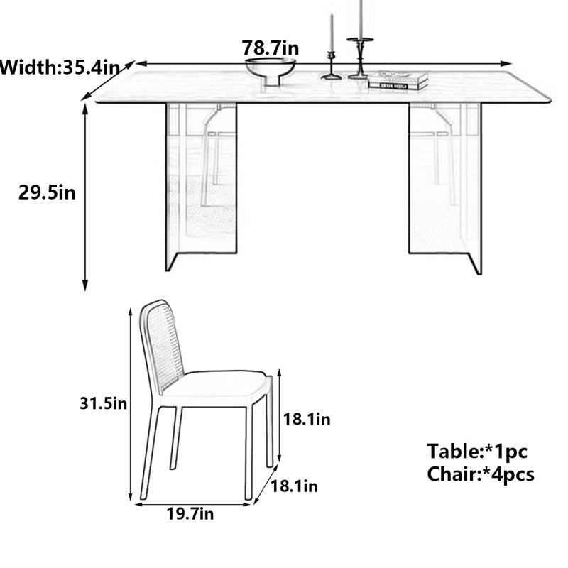Table de dalle en pierre rétro avec pieds en acrylique, H 29,5 po x L 78,7 po x l 35,4 po