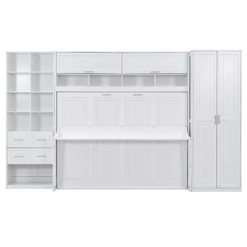 Grand lit escamotable mural avec placard, tiroirs et tablettes, blanc