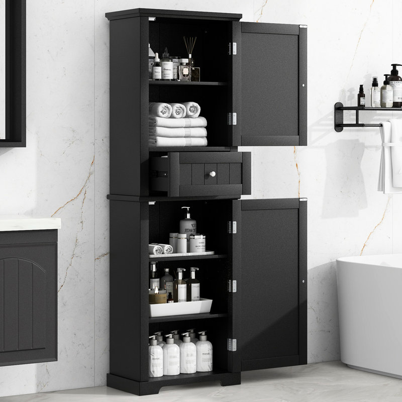 Black Cabinet For Bathroom With Adjustable Shelf And Middle Exposed Inner Drawer Storage In Top