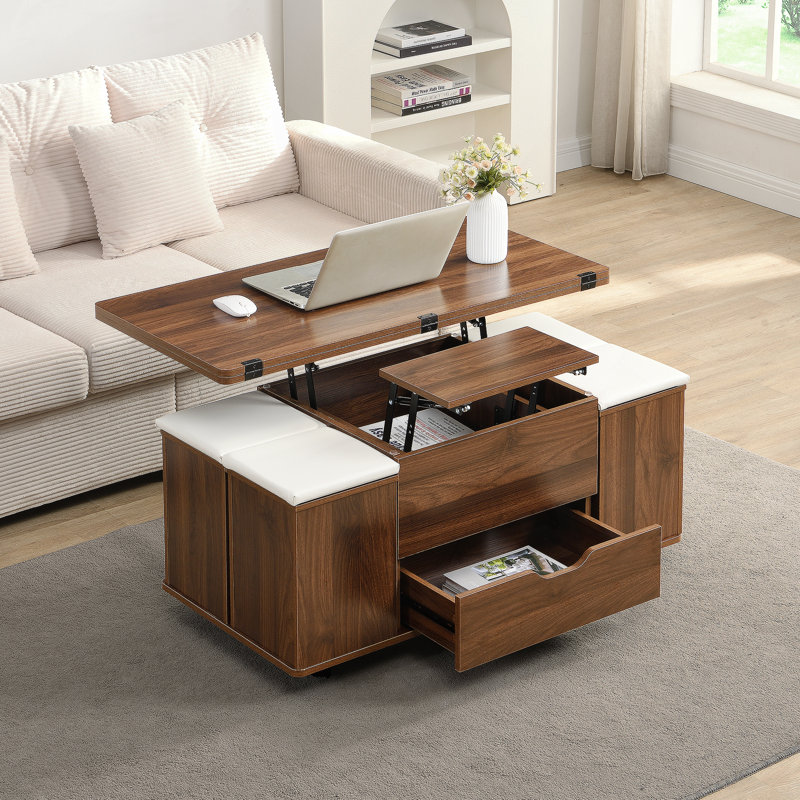 Ensemble de tables basses à plateau relevable multifonctionnel avec rangement caché et tabourets, idéal pour transformer les espaces de vie et maximiser l'utilité